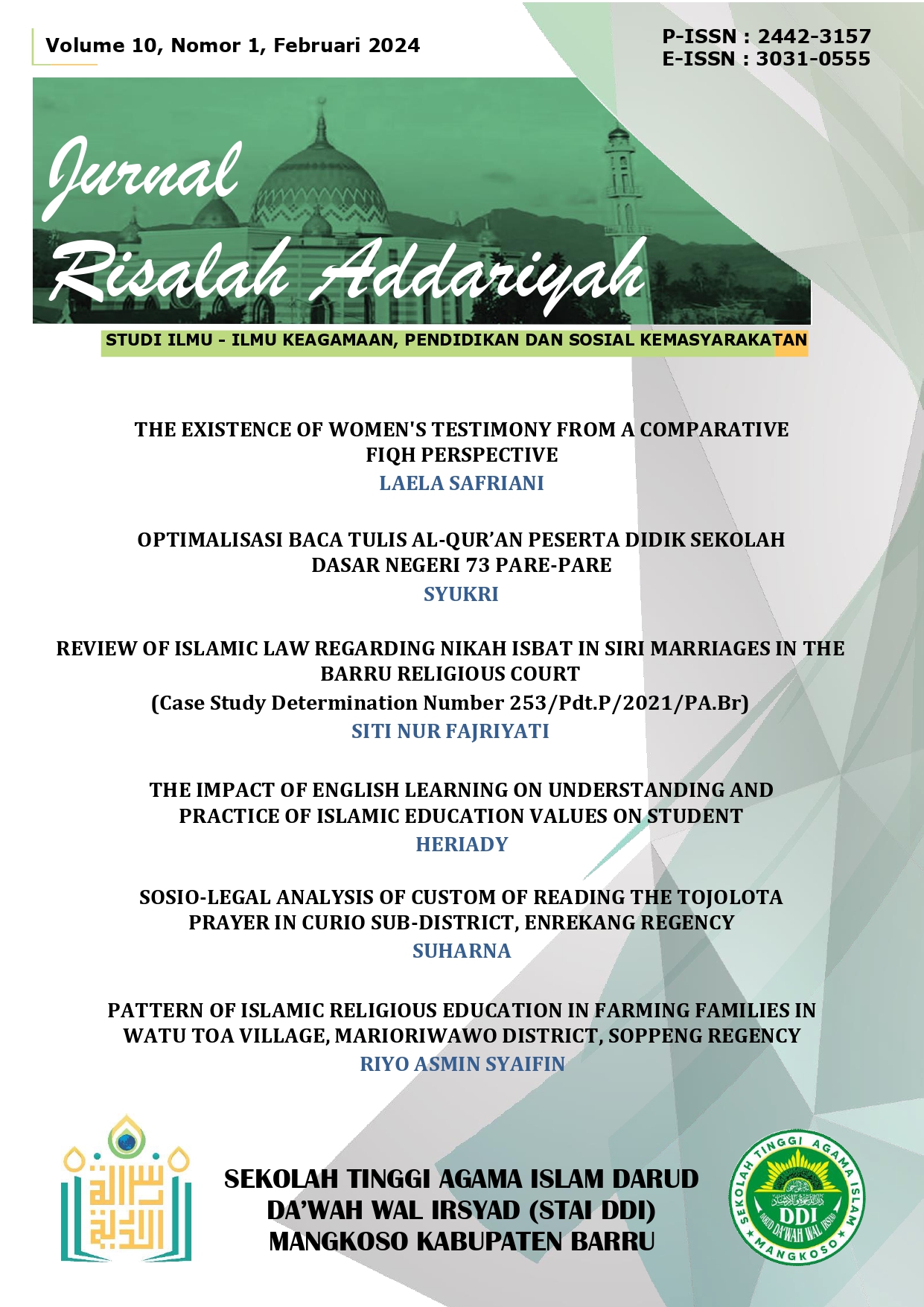 					View Vol. 10 No. 1 (2024): Jurnal Risalah Addariyah : Studi Ilmu-Ilmu Keagamaan, Pendidikan dan Sosial Kemasyarakatan
				